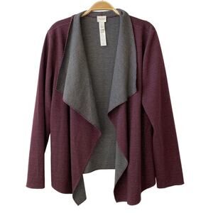 Chico's Weekends Waterfall Cardigan‎ Sweater Women Medium Burgundy Gray Striped